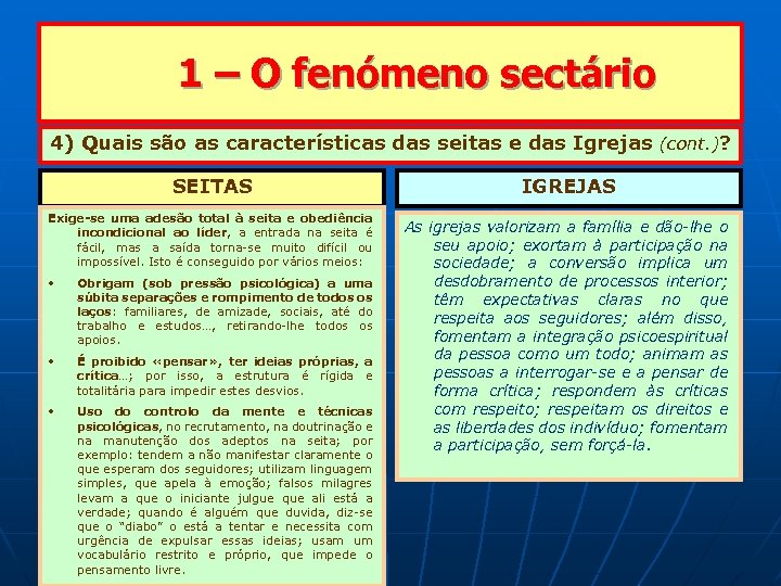  1 – O fenómeno sectário 4) Quais são as características das seitas e