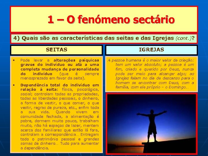  1 – O fenómeno sectário 4) Quais são as características das seitas e