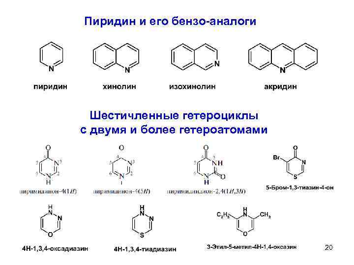 Пиридин и его бензо-аналоги Шестичленные гетероциклы с двумя и более гетероатомами 20 