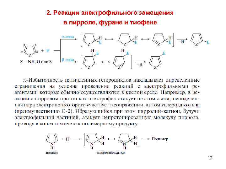 2. Реакции электрофильного замещения в пирроле, фуране и тиофене 12 