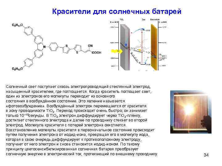 Красители для солнечных батарей Солнечный свет поступает сквозь электропроводящий стеклянный электрод, насыщенный красителем, где