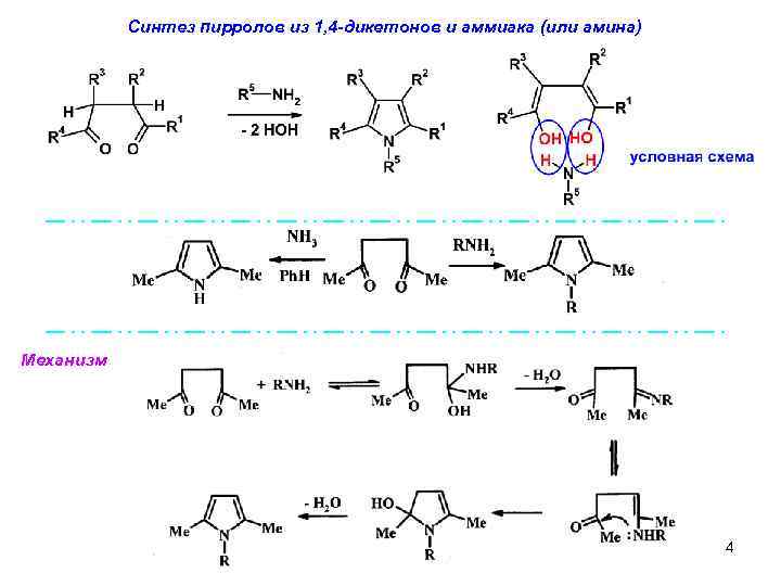 Cинтез пирролов из 1, 4 -дикетонов и аммиака (или амина) Механизм 4 