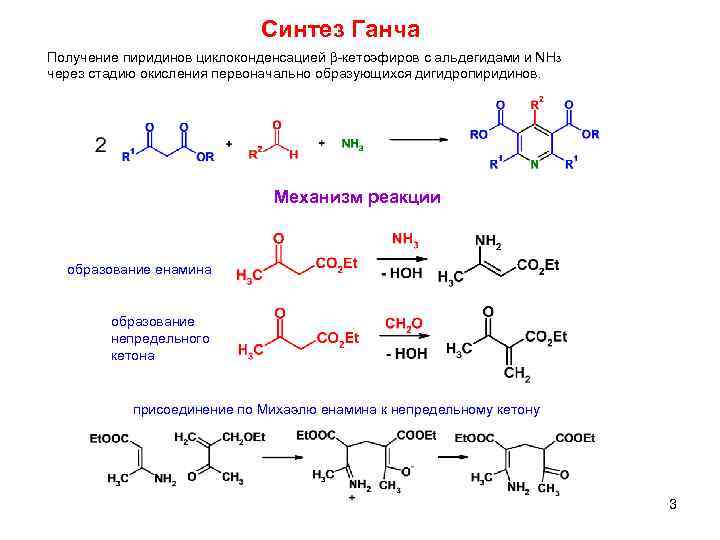 Синтез Ганча Получение пиридинов циклоконденсацией b-кетоэфиров с альдегидами и NH 3 через стадию окисления