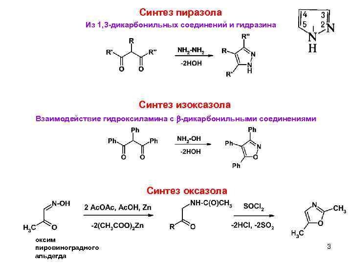 Синтез пиразола Из 1, 3 -дикарбонильных соединений и гидразина Синтез изоксазола Взаимодействие гидроксиламина с