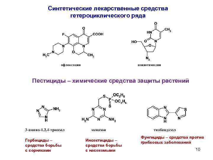 Синтетические лекарственные средства гетероциклического ряда Пестициды – химические средства защиты растений Гербициды – средства