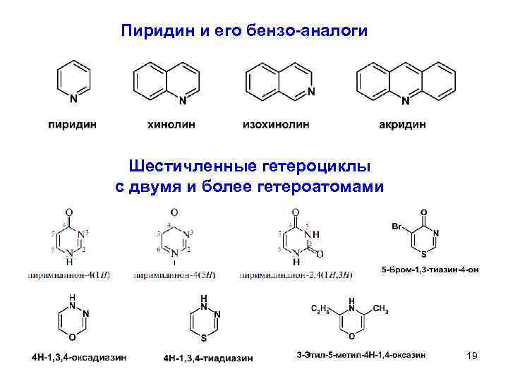Пиридин и его бензо-аналоги Шестичленные гетероциклы с двумя и более гетероатомами 19 