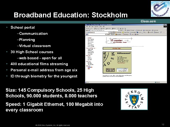 Broadband Education: Stockholm • School portal –Communication –Planning –Virtual classroom • 30 High School