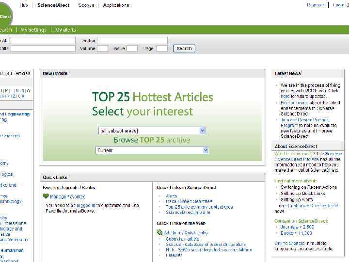 Базы данных зарубежных периодических изданий Science Direct Содержит более 1500 журналов издательства Elsevier, среди