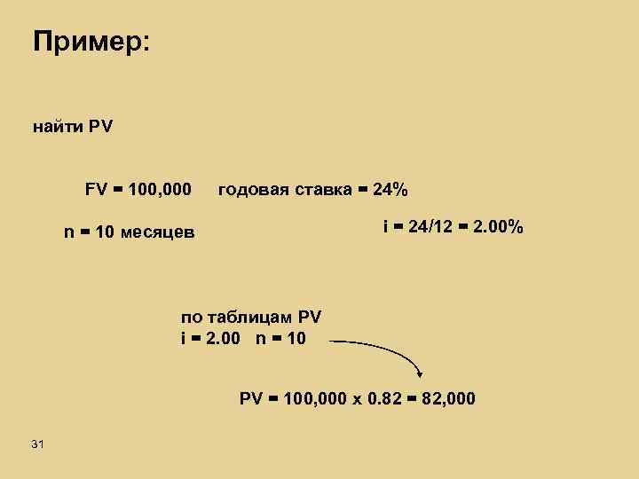 Пример: найти PV FV = 100, 000 годовая ставка = 24% i = 24/12