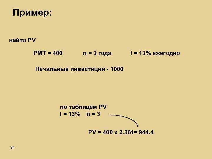 Пример: найти PV PMT = 400 n = 3 года i = 13% ежегодно