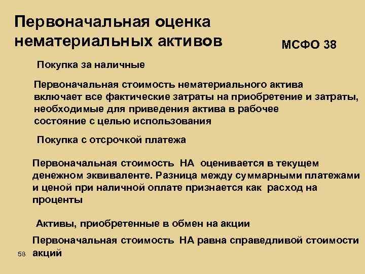 Первоначальная оценка нематериальных активов МСФО 38 Покупка за наличные Первоначальная стоимость нематериального актива включает