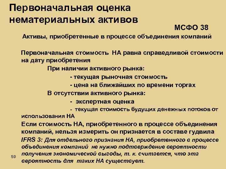Первоначальная оценка нематериальных активов МСФО 38 Активы, приобретенные в процессе объединения компаний Первоначальная стоимость