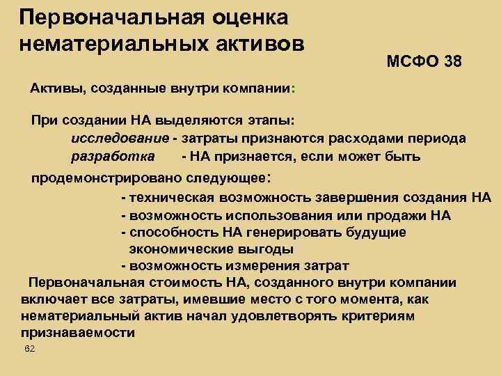 Первоначальная оценка нематериальных активов МСФО 38 Активы, созданные внутри компании: При создании НА выделяются
