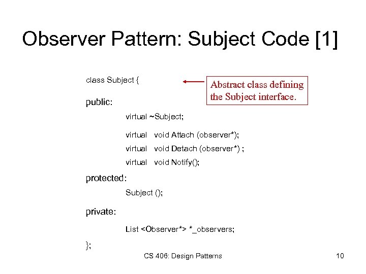Observer Pattern: Subject Code [1] class Subject { Abstract class defining the Subject interface.