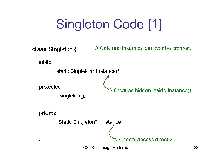 Singleton Code [1] // Only one instance can ever be created. class Singleton {
