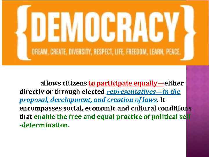 allows citizens to participate equally—either directly or through elected representatives—in the proposal, development, and