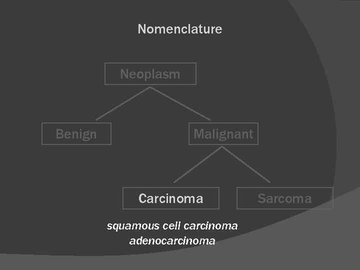 Nomenclature Neoplasm Benign Malignant Carcinoma squamous cell carcinoma adenocarcinoma Sarcoma 
