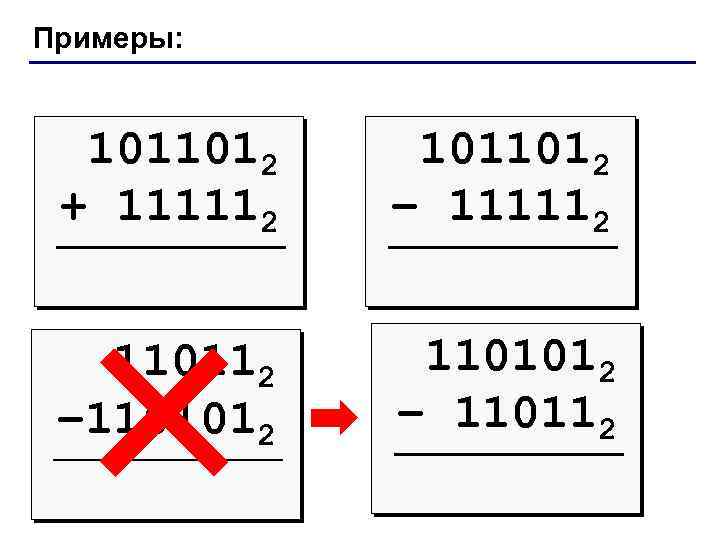 Примеры: 1011012 + 111112 1011012 – 111112 110112 – 1101012 – 110112 