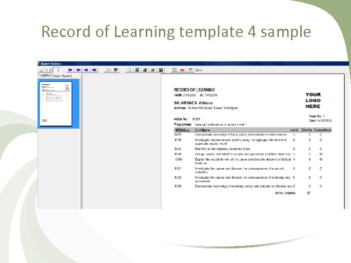 Record of Learning template 4 sample 