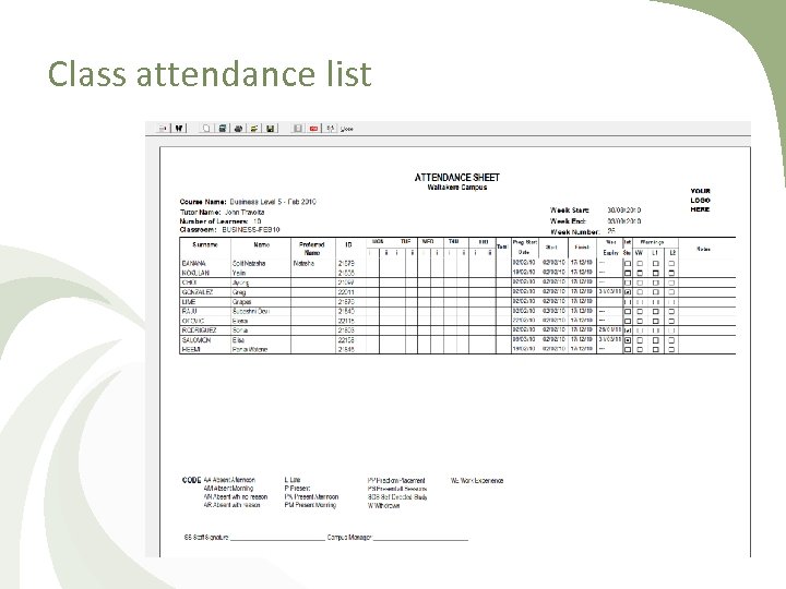 Class attendance list 