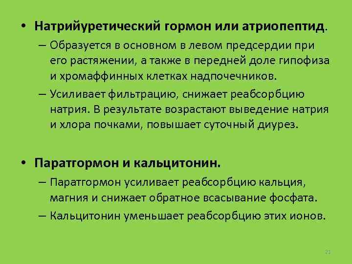  • Натрийуретический гормон или атриопептид. – Образуется в основном в левом предсердии при