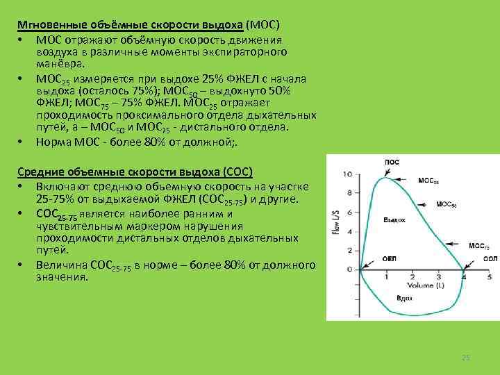 Мгновенные объёмные скорости выдоха (МОС) • МОС отражают объёмную скорость движения воздуха в различные