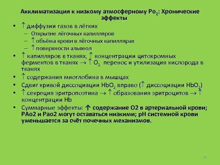 Акклиматизация к низкому атмосферному Po 2: Хронические эффекты • диффузии газов в лёгких –