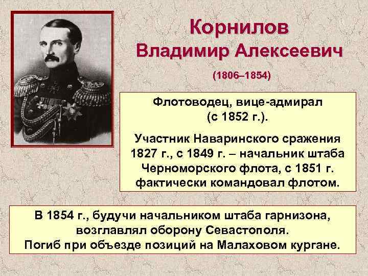 Корнилов Владимир Алексеевич (1806– 1854) Флотоводец, вице-адмирал (с 1852 г. ). Участник Наваринского сражения