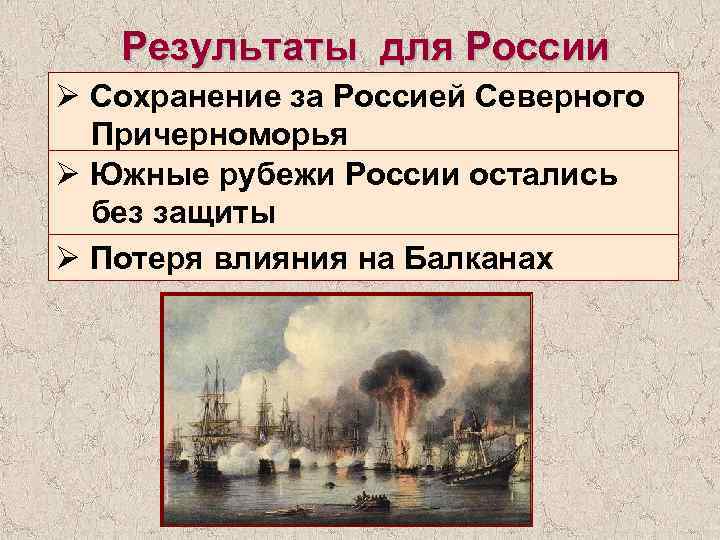 Результаты для России Ø Сохранение за Россией Северного Причерноморья Ø Южные рубежи России остались