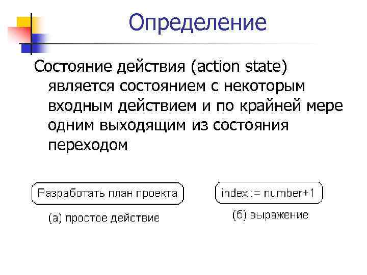 Определение Состояние действия (action state) является состоянием с некоторым входным действием и по крайней