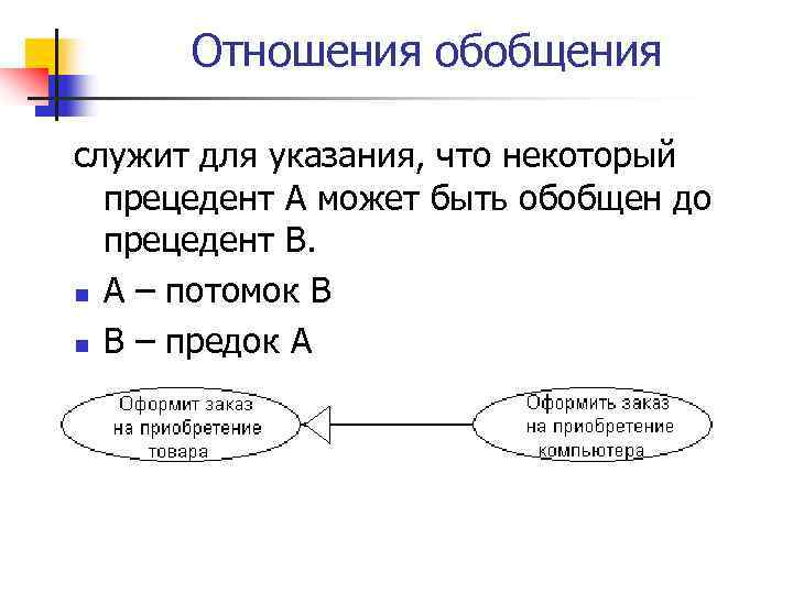 Отношения обобщения служит для указания, что некоторый прецедент А может быть обобщен до прецедент