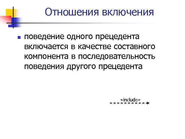 Отношения включения n поведение одного прецедента включается в качестве составного компонента в последовательность поведения