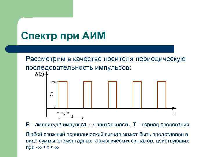 Спектр при АИМ Рассмотрим в качестве носителя периодическую последовательность импульсов: E – амплитуда импульса,