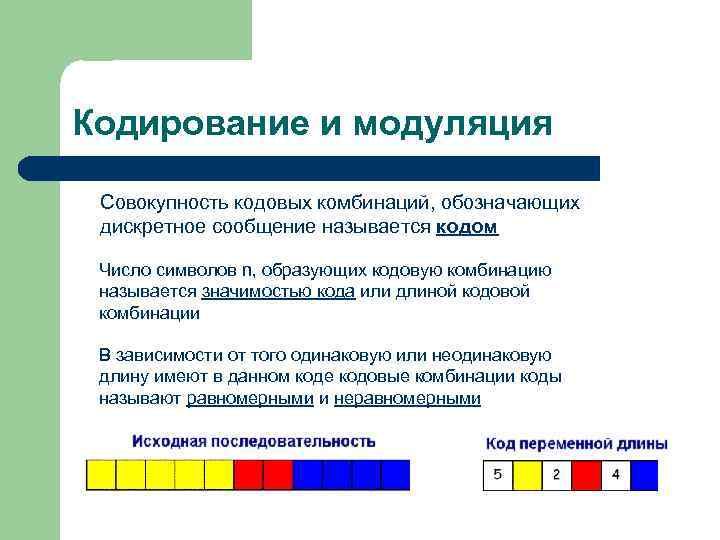 Сочетания обозначают. Кодирование и модуляция. Кодирование переменной длины. Понятия о кодировании дискретных сообщений. Кодирование и модуляция понятия.