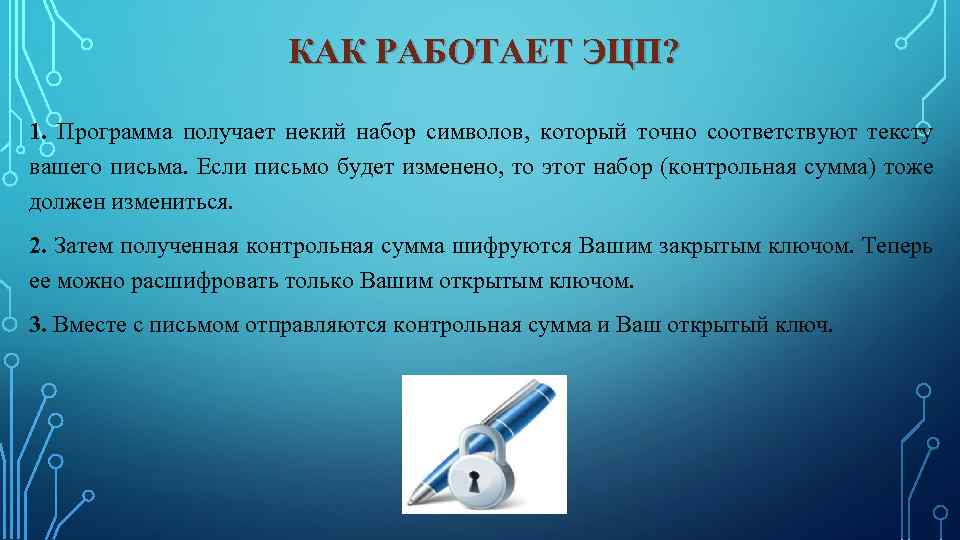 КАК РАБОТАЕТ ЭЦП? 1. Программа получает некий набор символов, который точно соответствуют тексту вашего