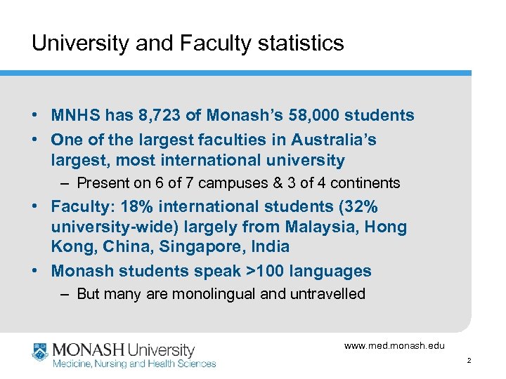 University and Faculty statistics • MNHS has 8, 723 of Monash’s 58, 000 students