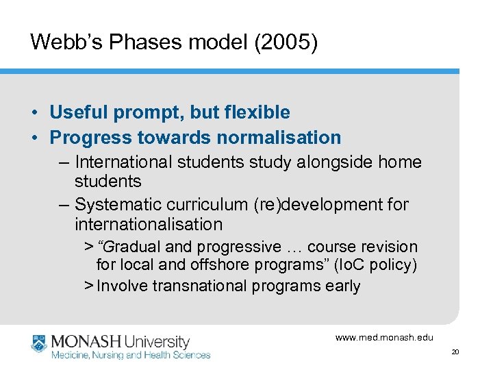 Webb’s Phases model (2005) • Useful prompt, but flexible • Progress towards normalisation –
