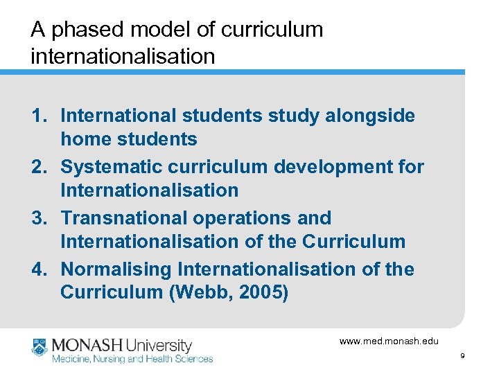 A phased model of curriculum internationalisation 1. International students study alongside home students 2.