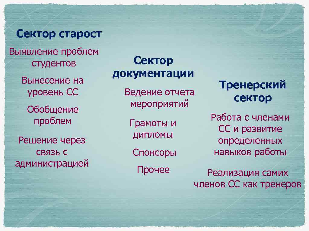 Сектор старост Выявление проблем студентов Вынесение на уровень СС Обобщение проблем Решение через связь