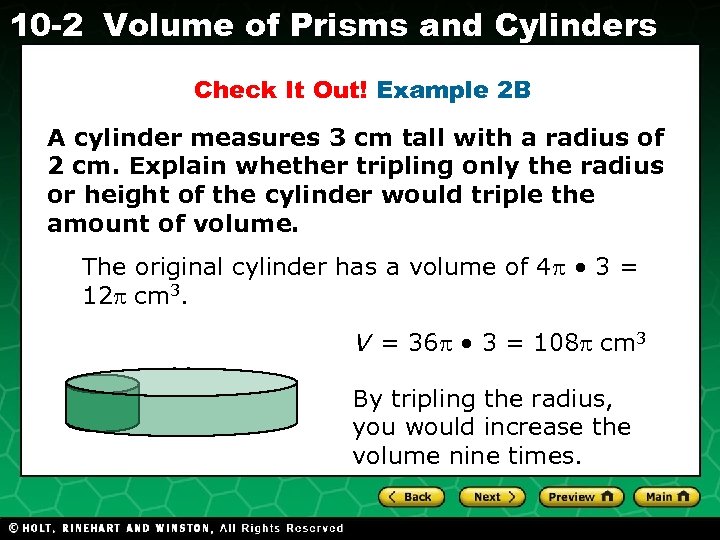 10 -2 Volume of Prisms and Cylinders Check It Out! Example 2 B A