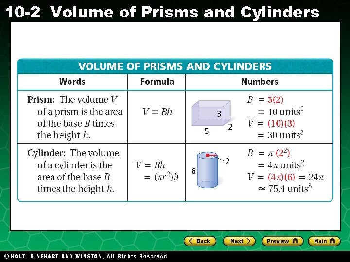 10 -2 Volume of Prisms and Cylinders Holt CA Course 1 