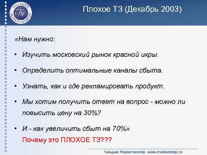 Плохое ТЗ (Декабрь 2003) «Нам нужно: • Изучить московский рынок красной икры. • Определить