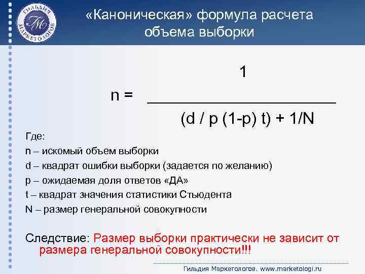  «Каноническая» формула расчета объема выборки 1 n = ___________ (d / p (1