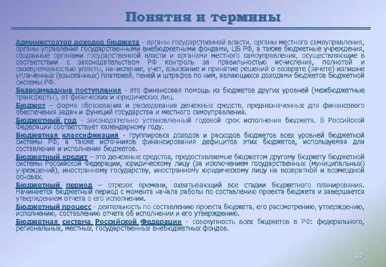 Понятия и термины Администратор доходов бюджета - органы государственной власти, органы местного самоуправления, органы