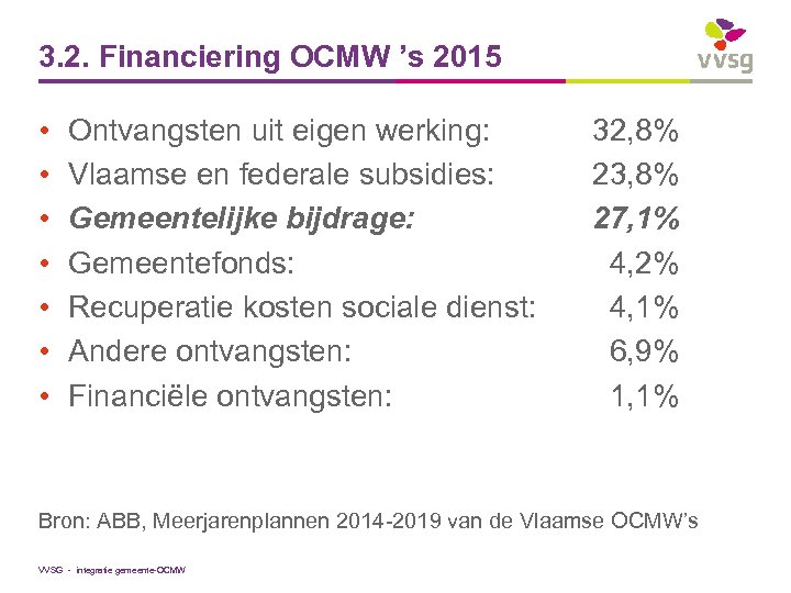 3. 2. Financiering OCMW ’s 2015 • • Ontvangsten uit eigen werking: Vlaamse en