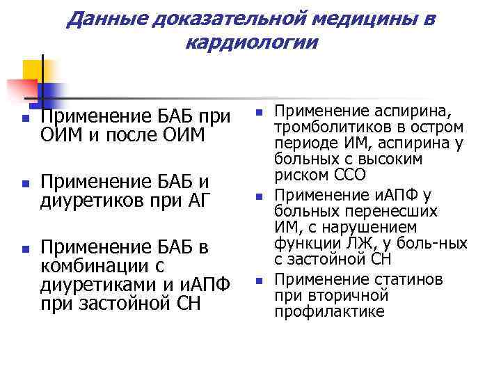Данные доказательной медицины в кардиологии n Применение БАБ при ОИМ и после ОИМ n