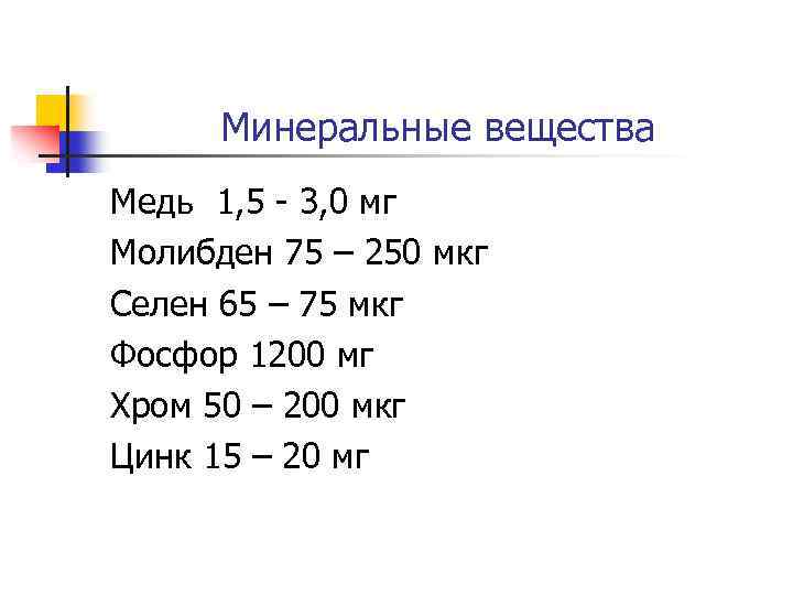 Минеральные вещества Медь 1, 5 - 3, 0 мг Молибден 75 – 250 мкг