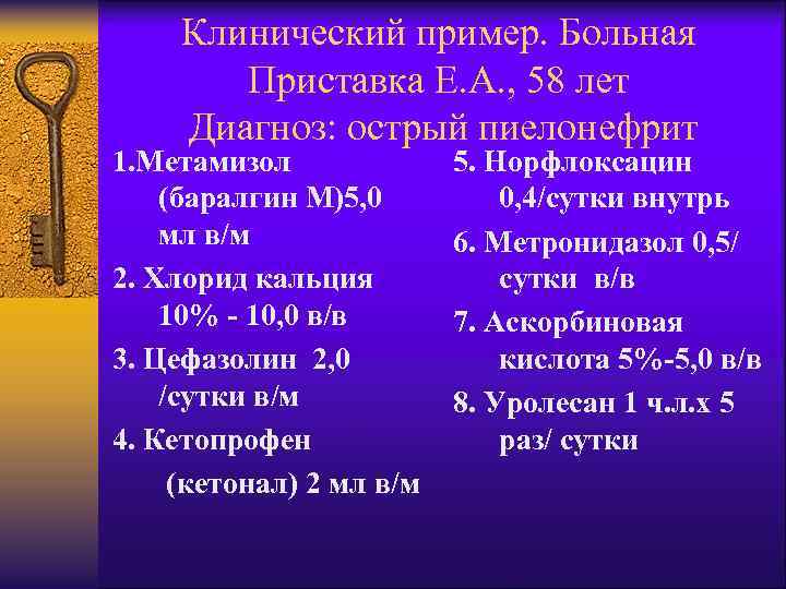 Клинический пример. Больная Приставка Е. А. , 58 лет Диагноз: острый пиелонефрит 1. Метамизол