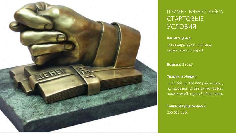 ПРИМЕР БИЗНЕС-КЕЙСА СТАРТОВЫЕ УСЛОВИЯ Фитнес-центр: тренажерный зал 300 кв. м, кардио зона, солярий Возраст: