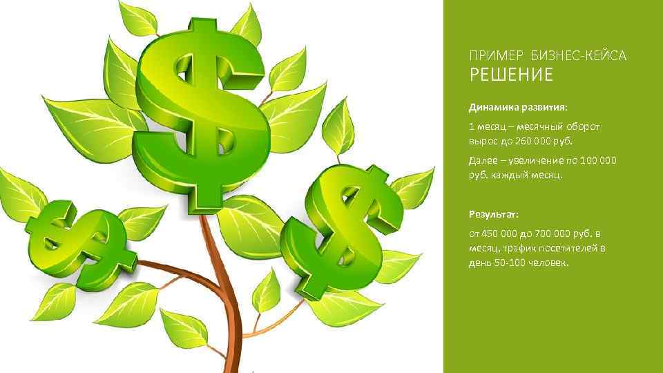 ПРИМЕР БИЗНЕС-КЕЙСА РЕШЕНИЕ Динамика развития: 1 месяц – месячный оборот вырос до 260 000